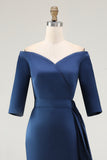 Navy Sheath Off the Shoulder Mother of the Bride Dress with Sash
