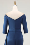 Navy Sheath Off the Shoulder Mother of the Bride Dress with Sash