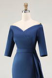 Navy Sheath Off the Shoulder Mother of the Bride Dress with Sash