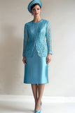 Satin Blue Sheath Midi Mother of the Bride Dress with Lace Embroidery