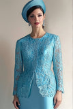 Satin Blue Sheath Midi Mother of the Bride Dress with Lace Embroidery