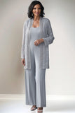 Round Neck Grey Mother of the Bride Jumpsuit with Lace Jacket