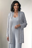 Round Neck Grey Mother of the Bride Jumpsuit with Lace Jacket