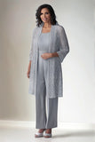 Round Neck Grey Mother of the Bride Jumpsuit with Lace Jacket