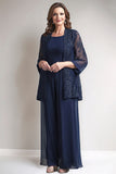 Chiffon Navy Loose Mother of the Bride Jumpsuit with Sparkly Jacket