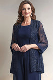 Chiffon Navy Loose Mother of the Bride Jumpsuit with Sparkly Jacket