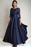 A-Line Navy Satin High Waist Mother of the Bride Dress with Sequins