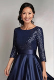 A-Line Navy Satin High Waist Mother of the Bride Dress with Sequins