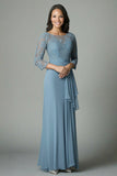 Dusty Blue Chiffon Sheath Mother of the Bride Dress with Lace Embroidery