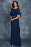 Chiffon Navy Mother of the Bride Dress with Ruffle Sleeves