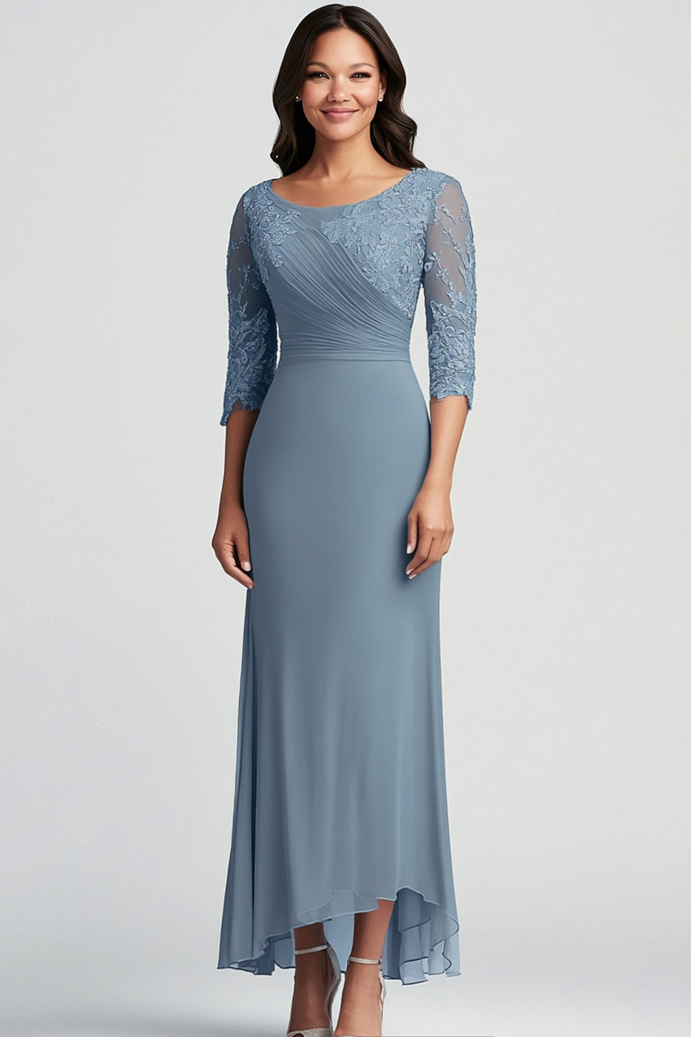 Leely Women Dusty Blue Sheath Chiffon Mother of the Bride Dress Round Neck Applique Wedding Guest Dress leelyuk Leely Women Dusty Blue Sheath Chiffon Mother of the Bride Dress Round Neck Applique Wedding Guest Dress leelyuk
