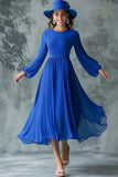 Royal Blue Chiffon Mother of the Bride Dress with Long Latern Sleeves