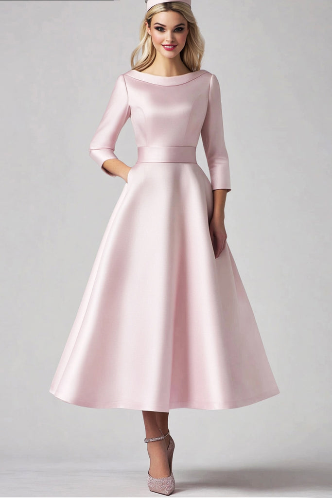 Leely Women Pink Satin A-Line Tea Length Mother of the Bride Dress 3/4 ...