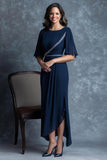Chiffon Navy Ruffle Sleeves Sheath Mother of the Bride Dress with Slit
