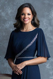 Chiffon Navy Ruffle Sleeves Sheath Mother of the Bride Dress with Slit