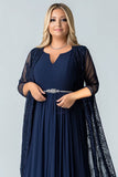 Navy Chiffon Pleated Plus Size Mother of the Bride Dress with Lace Jacket