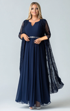 Navy Chiffon Pleated Plus Size Mother of the Bride Dress with Lace Jacket