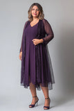 Purple V-neck Tea Length Mother of the Bride Dress with Sparkly Jacket