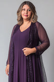 Purple V-neck Tea Length Mother of the Bride Dress with Sparkly Jacket
