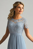 Dusty Blue Chiffon A-Line Applique Mother of the Bride Dress