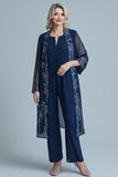 Navy Chiffon Mother of the Bride Jumpsuit with Sequined Maxi Jacket