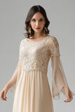 Apricot Chiffon A-Line Flare Sleeves Applique Mother of the Bride Dress