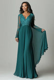 V-Neck Dark Green Chiffon Applique Mother of the Bride Dress
