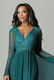 V-Neck Dark Green Chiffon Applique Mother of the Bride Dress