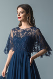 Navy Chiffon Pleated A-Line Mother of the Bride Dress with Sequins