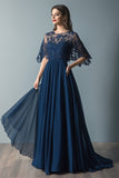 Navy Chiffon Pleated A-Line Mother of the Bride Dress with Sequins