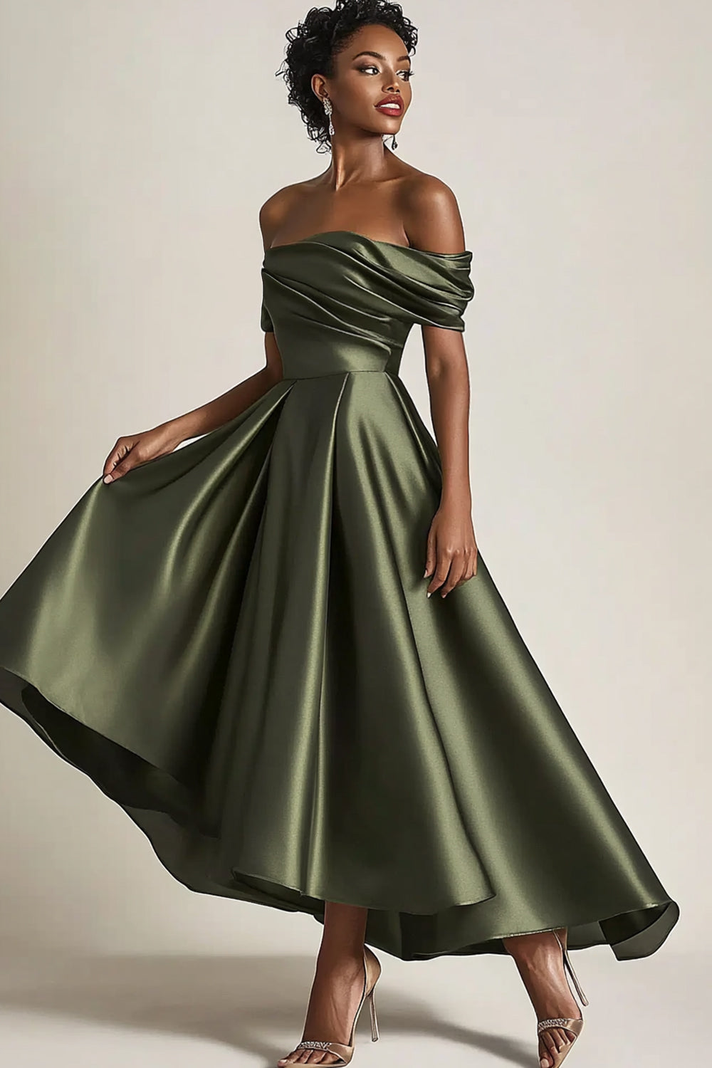 Leely Women Off the Shoulder Satin Olive A-Line Mother of the Bride Dress Pleated Tea Length Formal Dress leelyuk Leely Women Off the Shoulder Satin Olive A-Line Mother of the Bride Dress Pleated Tea Length Formal Dress leelyuk