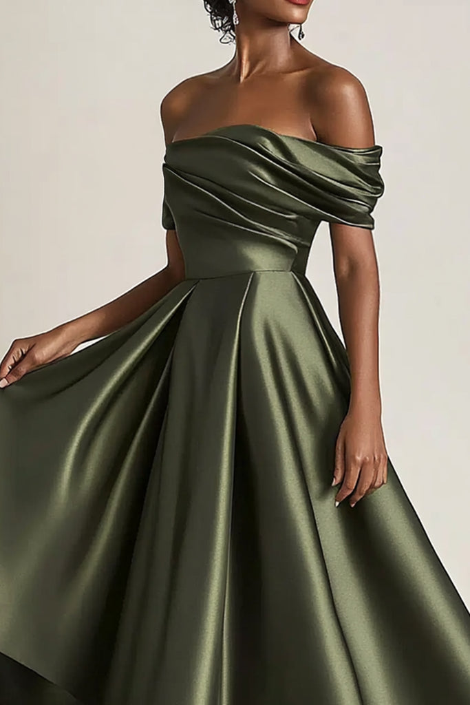 A-Line/Princess Off-the-Shoulder Satin Mother of the Bride Dresses Sleeveless Tea-Length Pleated