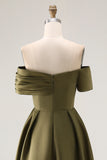Olive Satin Off the Shoulder A-Line Mother of the Bride Dress