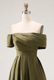 Olive Satin Off the Shoulder A-Line Mother of the Bride Dress