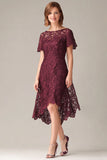 Burgundy Lace Sheath Midi Mother of the Bride Dress with Short Sleeves
