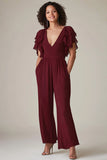 Burgundy V-Neck Loose Mother of the Bride Jumpsuit with Ruffle Sleeves