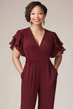 Burgundy V-Neck Loose Mother of the Bride Jumpsuit with Ruffle Sleeves