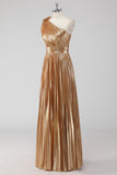 Golden Metallic One Shoulder Pleated Maxi A-Line Formal Dress