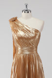 Golden Metallic One Shoulder Pleated Maxi A-Line Formal Dress