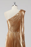 Golden Metallic One Shoulder Pleated Maxi A-Line Formal Dress