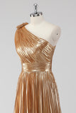 Golden Metallic One Shoulder Pleated Maxi A-Line Formal Dress