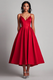 Leely Women Red Satin A-Line Spaghetti Straps Formal Dress V-Neck Tea Length Cocktail Dress
