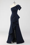 One Shoulder Ruffled Navy Mermaid Maxi Formal Dress with Slit