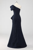 One Shoulder Ruffled Navy Mermaid Maxi Formal Dress with Slit