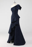 One Shoulder Ruffled Navy Mermaid Maxi Formal Dress with Slit