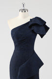 One Shoulder Ruffled Navy Mermaid Maxi Formal Dress with Slit