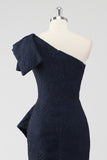 One Shoulder Ruffled Navy Mermaid Maxi Formal Dress with Slit