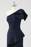 One Shoulder Ruffled Navy Mermaid Maxi Formal Dress with Slit