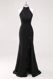 Terracotta Halter Sheath Ruffle Formal Dress with Slit