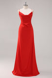 Red Satin Cowl Neck A Line Maxi Evening Dress